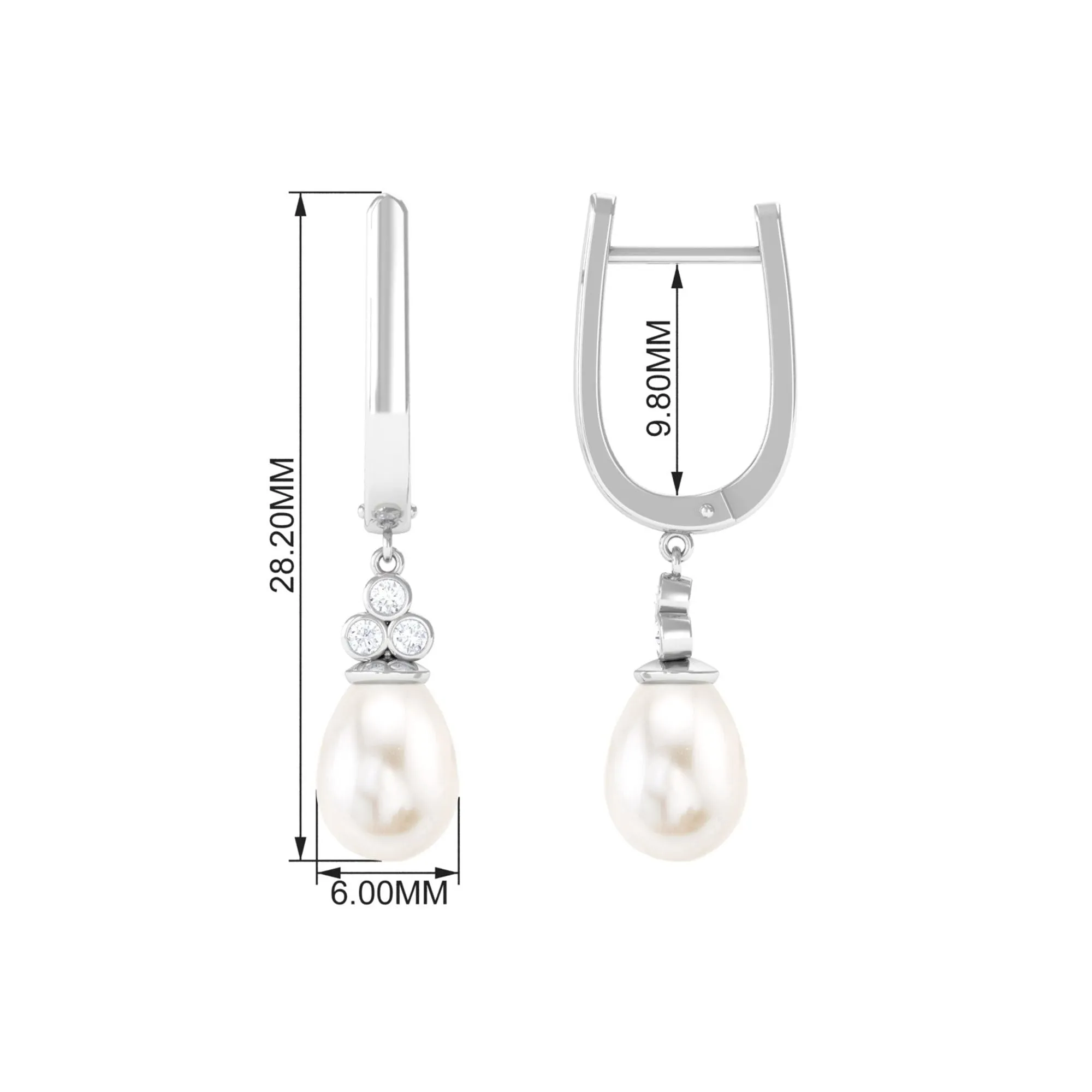 Freshwater Pearl Teardrop Latch Back Earrings with Diamond