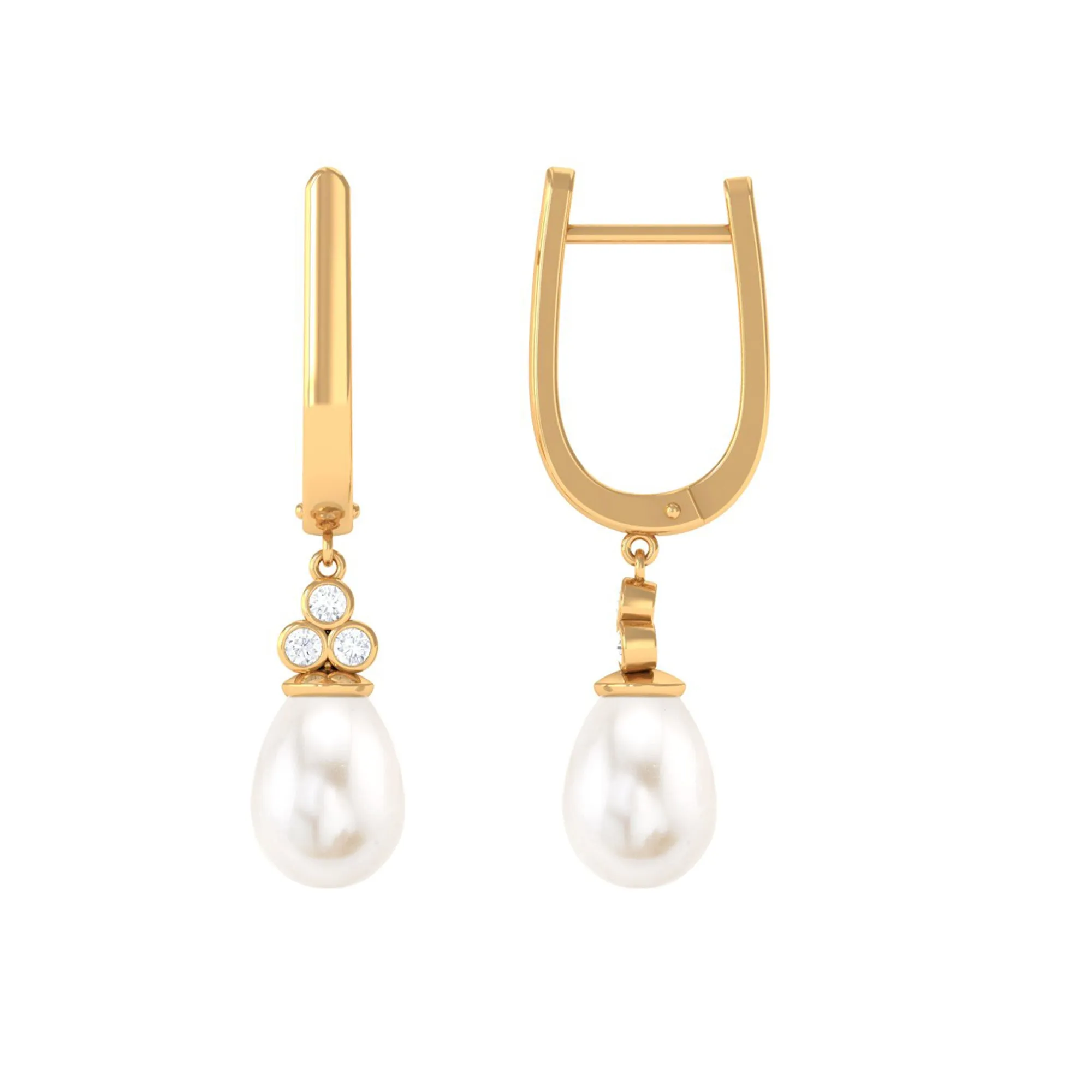 Freshwater Pearl Teardrop Latch Back Earrings with Diamond