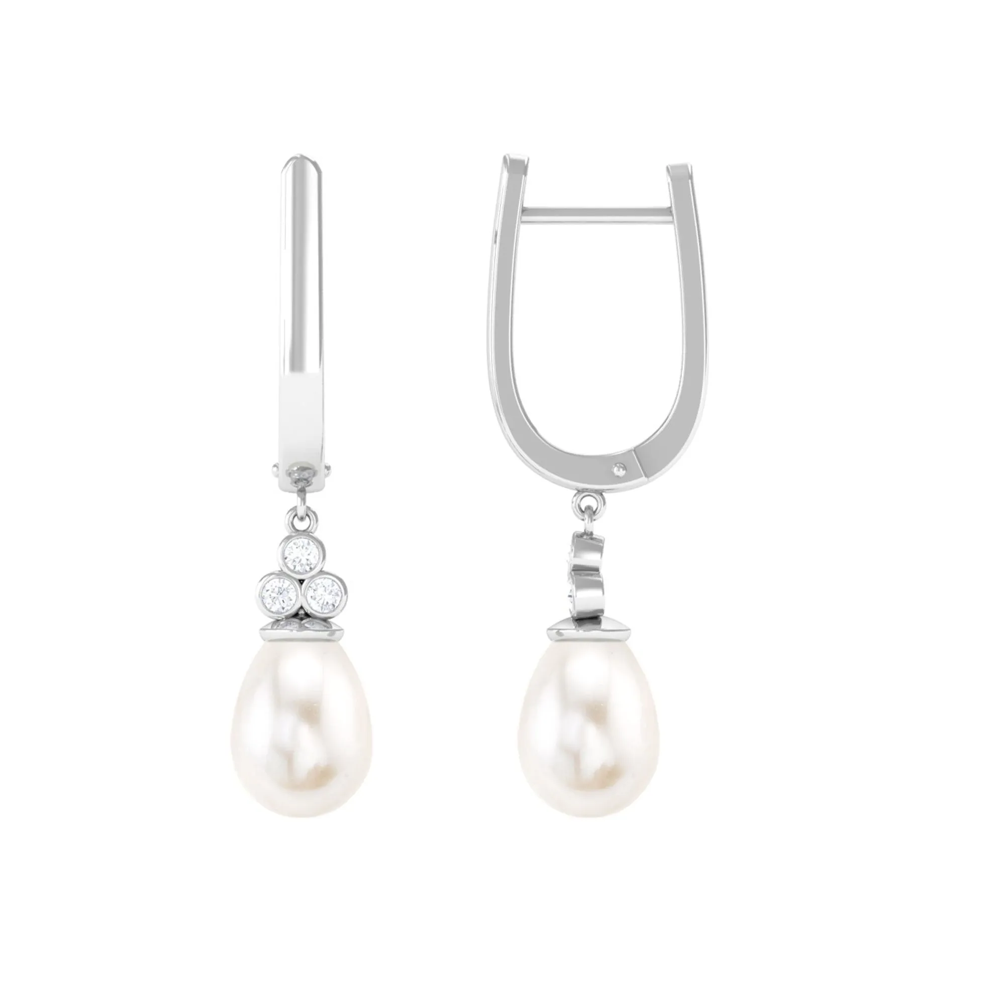 Freshwater Pearl Teardrop Latch Back Earrings with Diamond