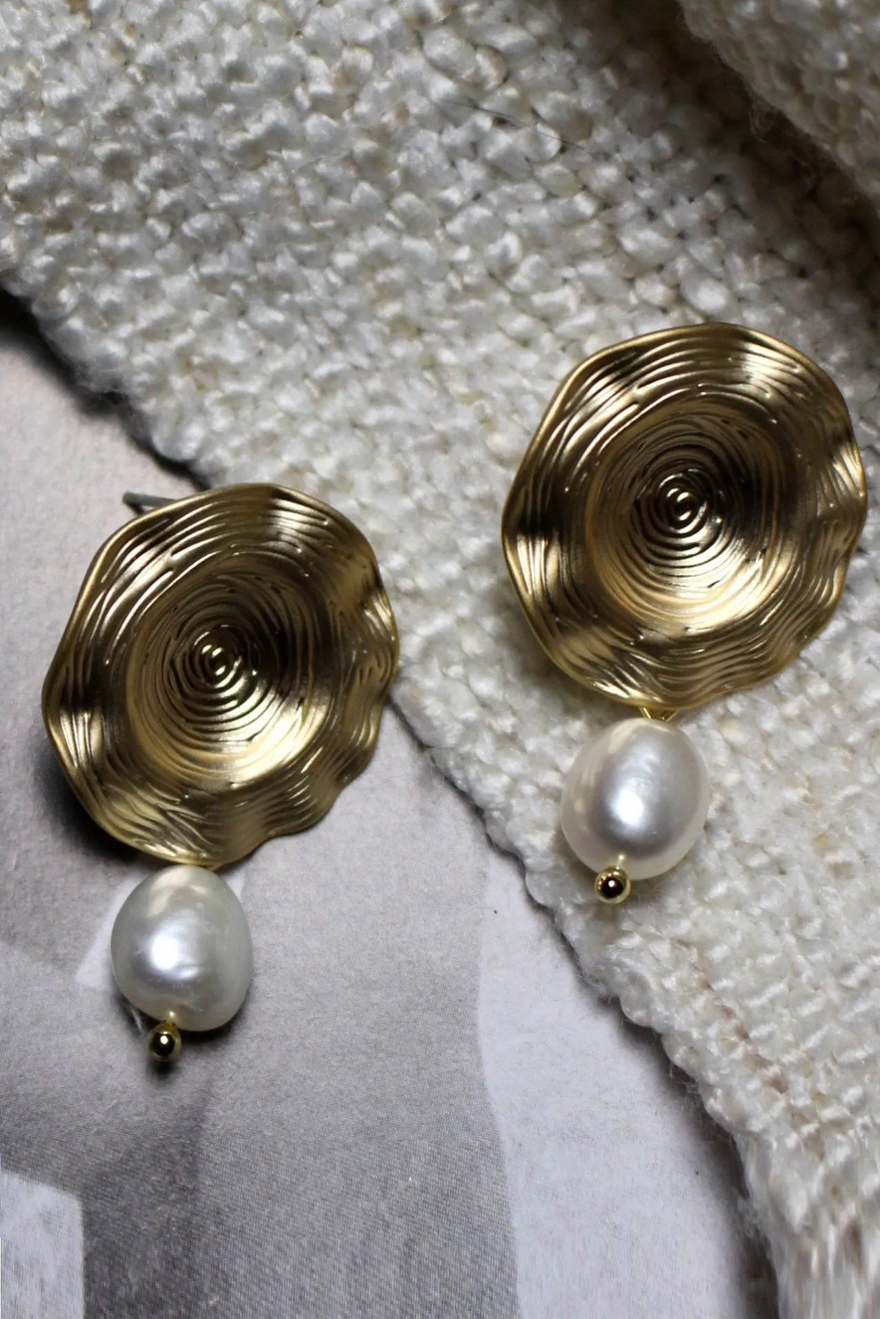 Gold Circle Stud Pearl Drop Earrings