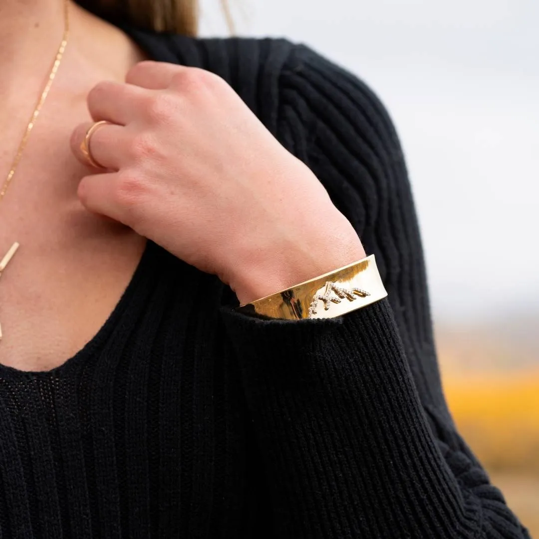 Gold Cuff Bracelet with Diamond Mountain Silhouette