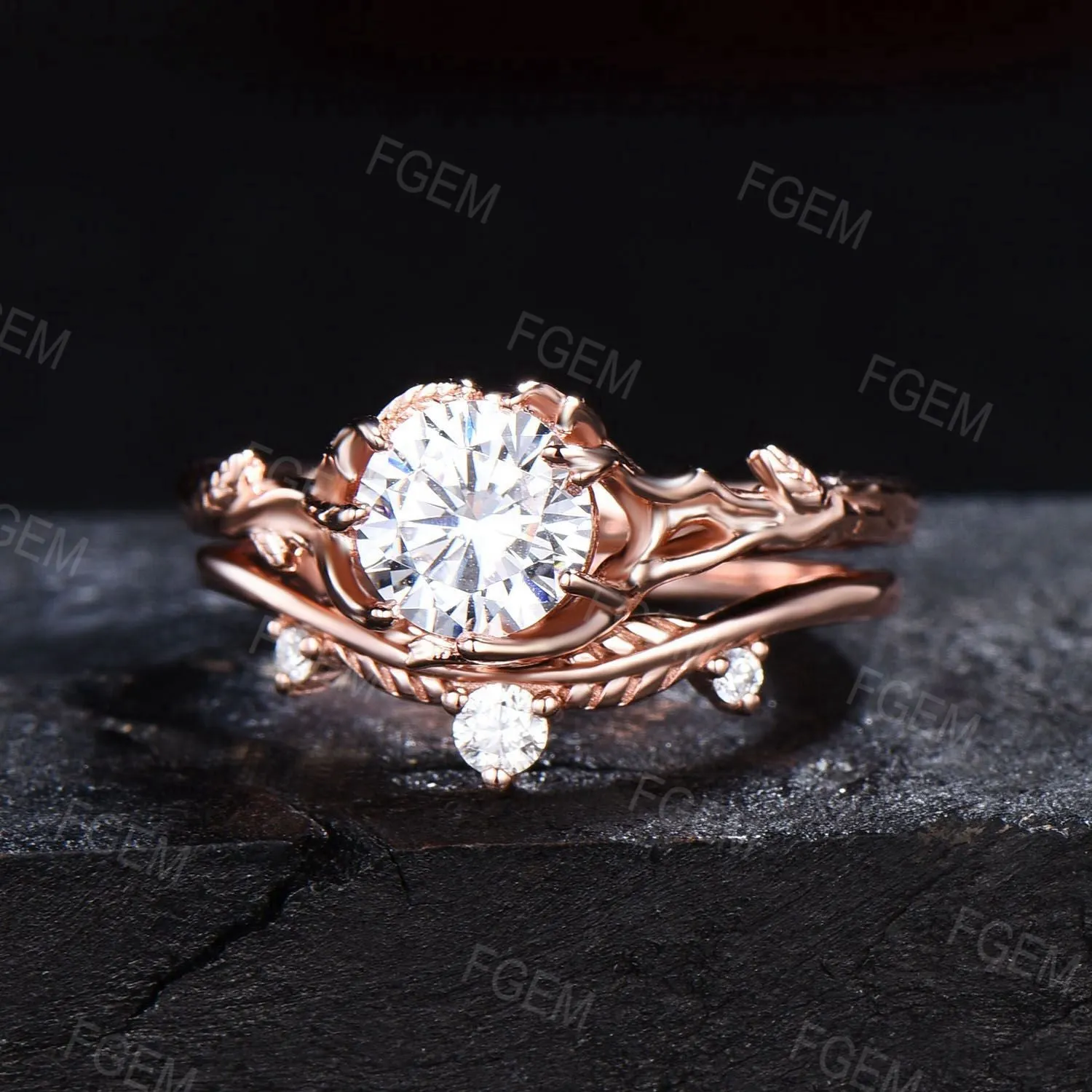 Gold Leaf Engagement Ring Set Nature Inspired 6.5mm Round Moissanite Bridal Set Leaf Vine Moissanite Diamond Wedding Ring Promise Women Gift