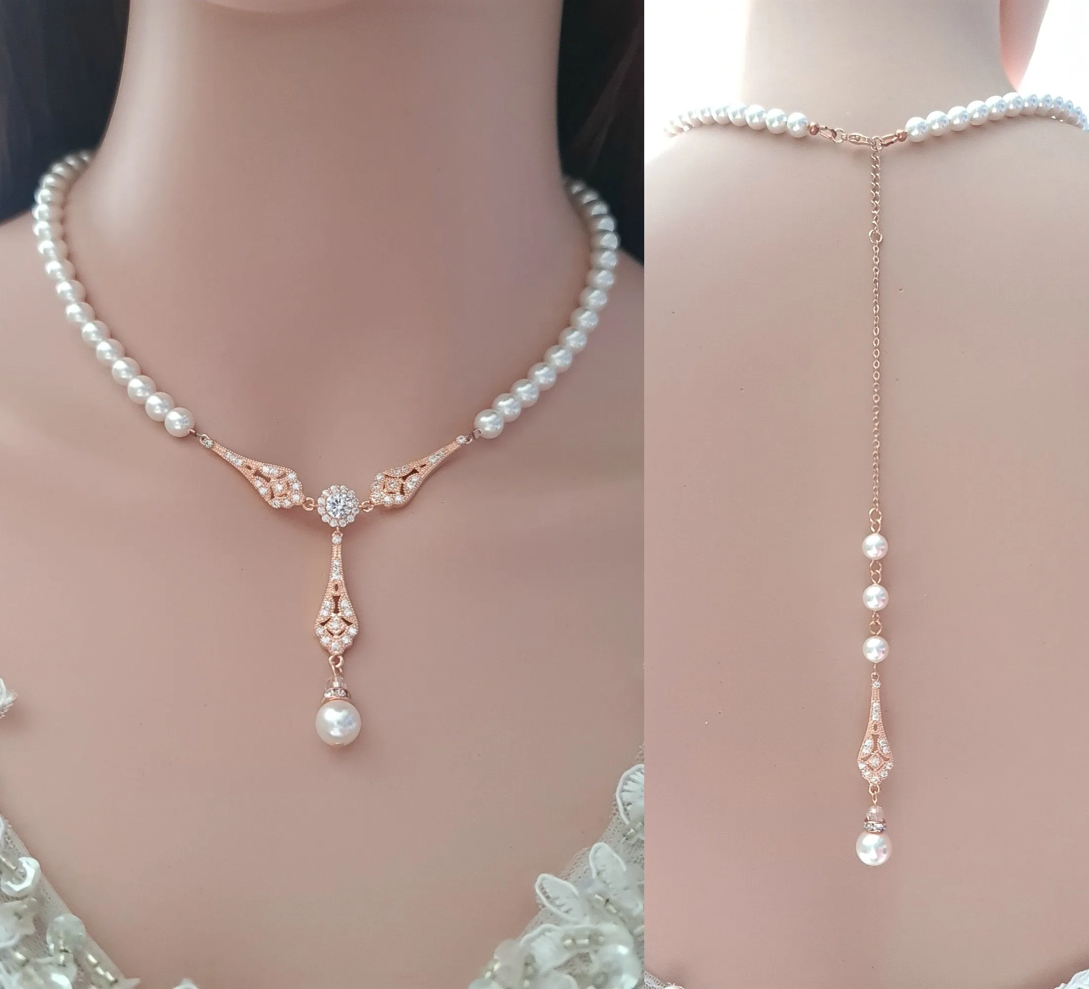 Gold Pearl Necklace and Earring Set with Bracelet for Wedding-Lisa