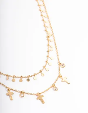 Gold Plated Disc & Cross Two Layered Necklace