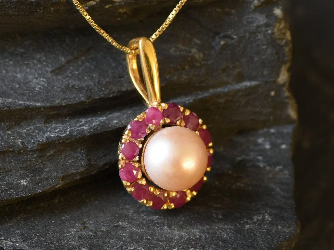 Gold Victorian Pendant - Natural Peach Pearl, June Birthstone Necklace