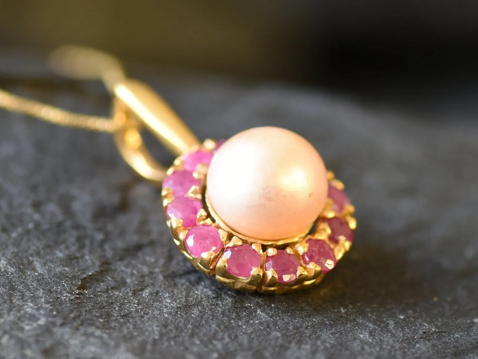 Gold Victorian Pendant - Natural Peach Pearl, June Birthstone Necklace