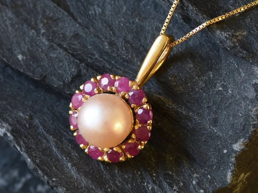 Gold Victorian Pendant - Natural Peach Pearl, June Birthstone Necklace