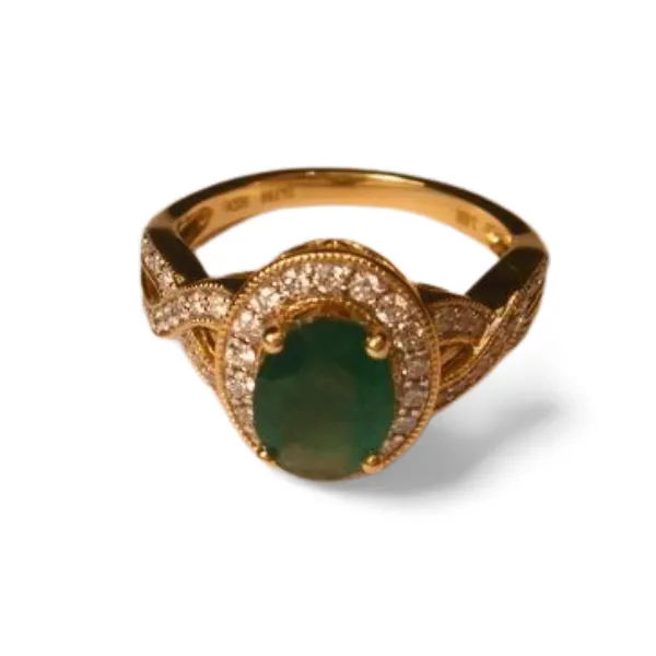 Gorgeous 14K Yellow Gold Emerald Diamond Cocktail Ring