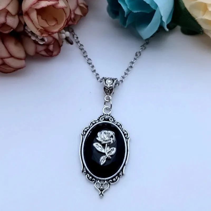 Gothic Rose Themed Pendent Framed Necklace