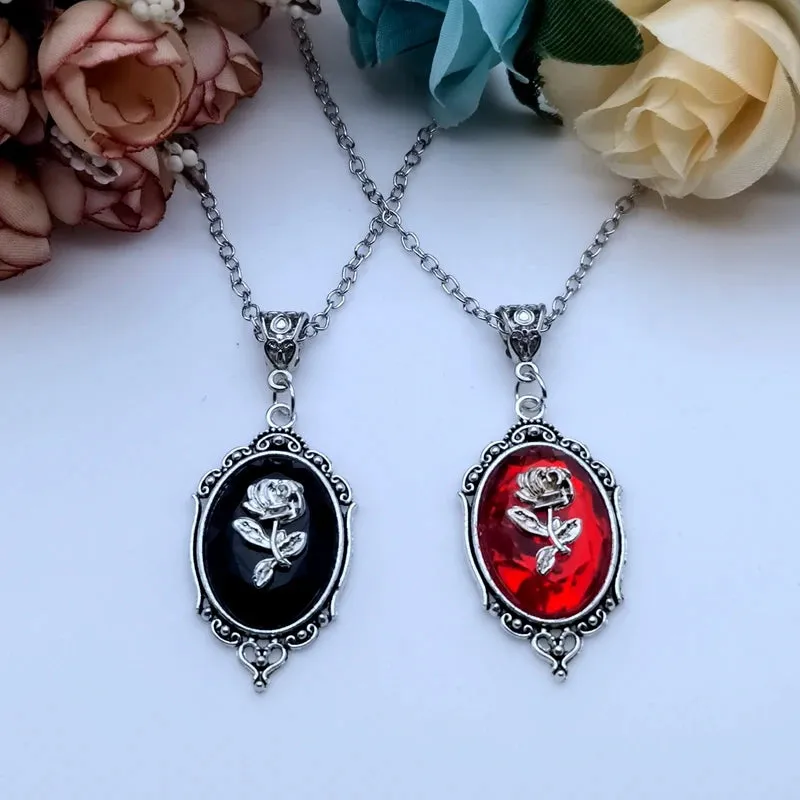 Gothic Rose Themed Pendent Framed Necklace