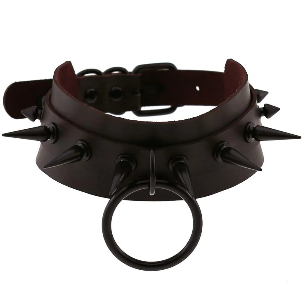 Gothic Spiked Choker for Men and Women / Studded Leather Choker with Ring / Unisex Rave Outfits