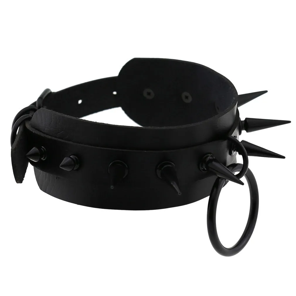 Gothic Spiked Choker for Men and Women / Studded Leather Choker with Ring / Unisex Rave Outfits