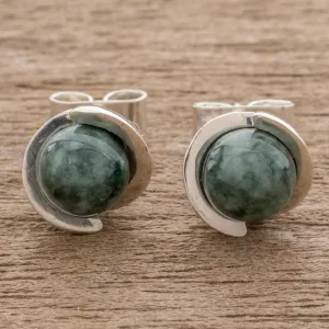 Green Magic Silhouette Modern Jade Stud Earrings in Dark Green from Guatemala