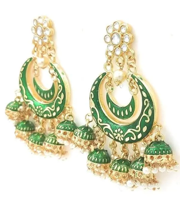 Handmade kundan golden dark green color earrings