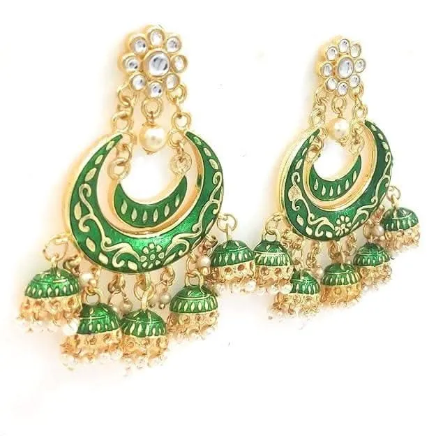 Handmade kundan golden dark green color earrings