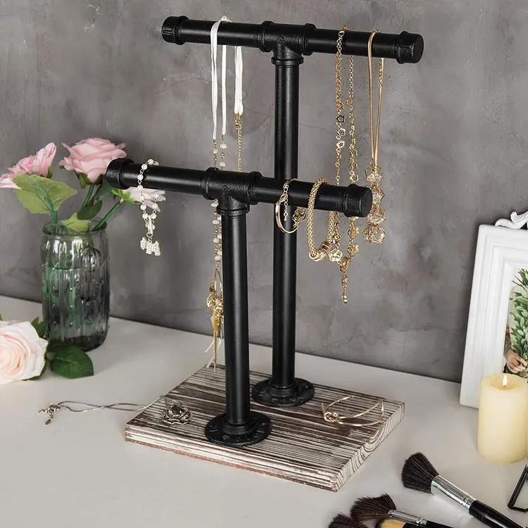 Industrial Pipe and Distressed Wood Jewelry Stand