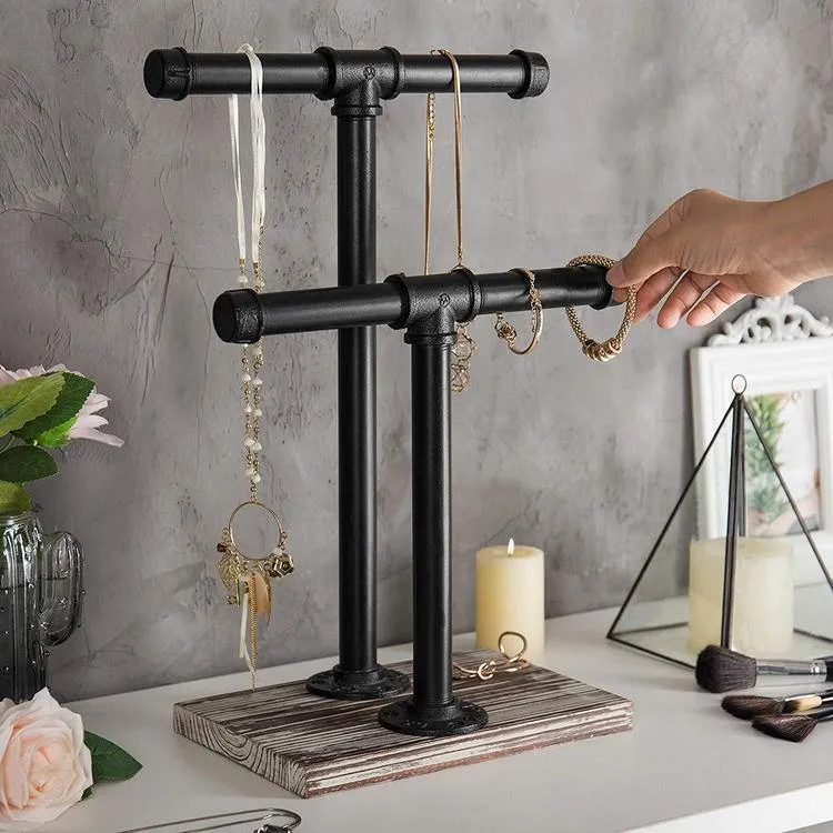 Industrial Pipe and Distressed Wood Jewelry Stand