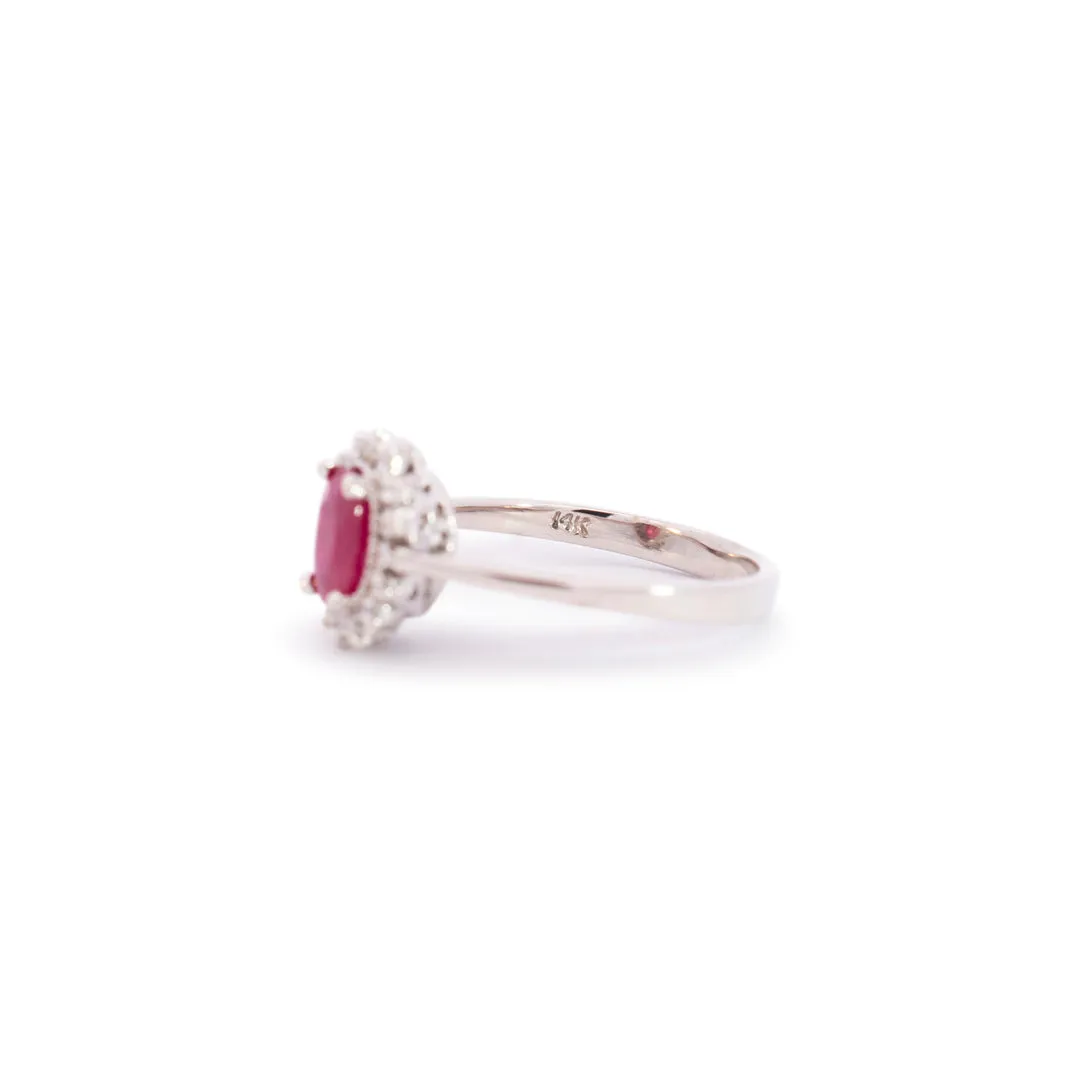 Ladies 14K White Gold Oval Ruby Halo Diamond Cocktail Ring