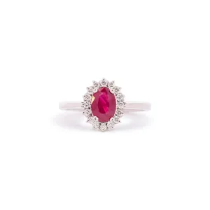 Ladies 14K White Gold Oval Ruby Halo Diamond Cocktail Ring