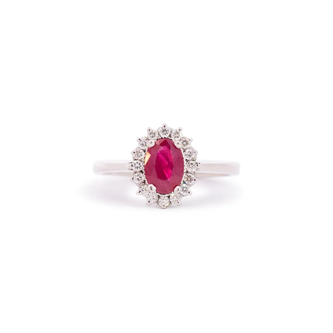 Ladies 14K White Gold Oval Ruby Halo Diamond Cocktail Ring