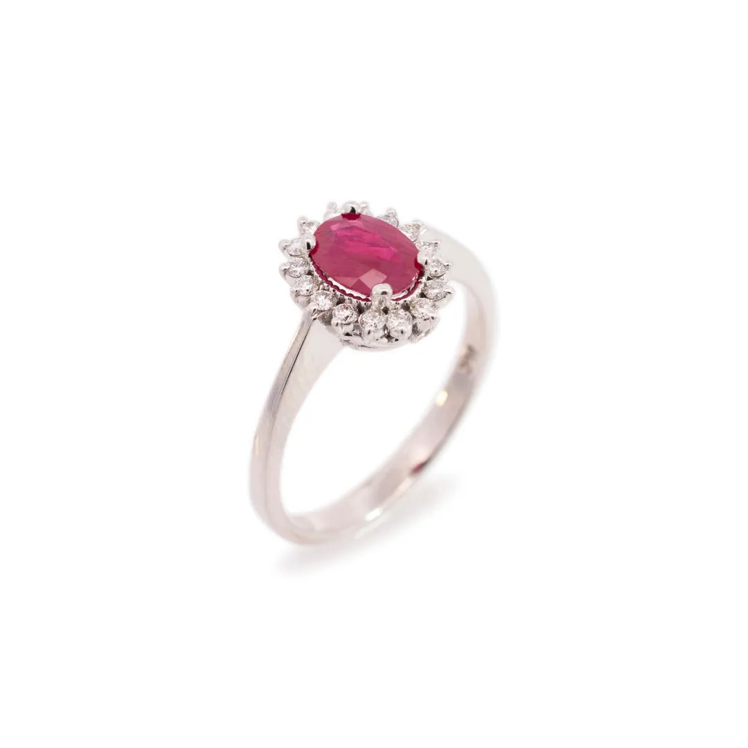 Ladies 14K White Gold Oval Ruby Halo Diamond Cocktail Ring