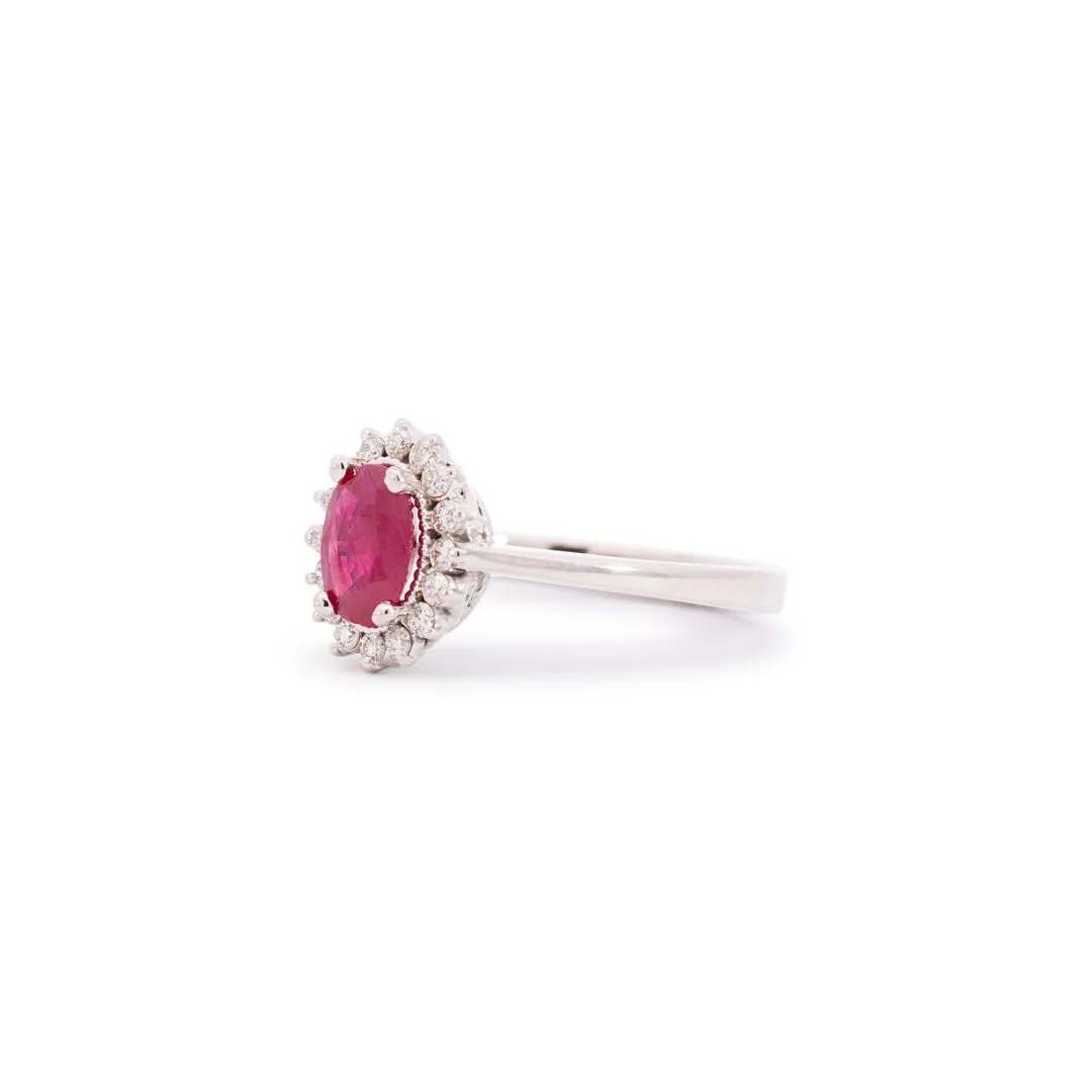 Ladies 14K White Gold Oval Ruby Halo Diamond Cocktail Ring