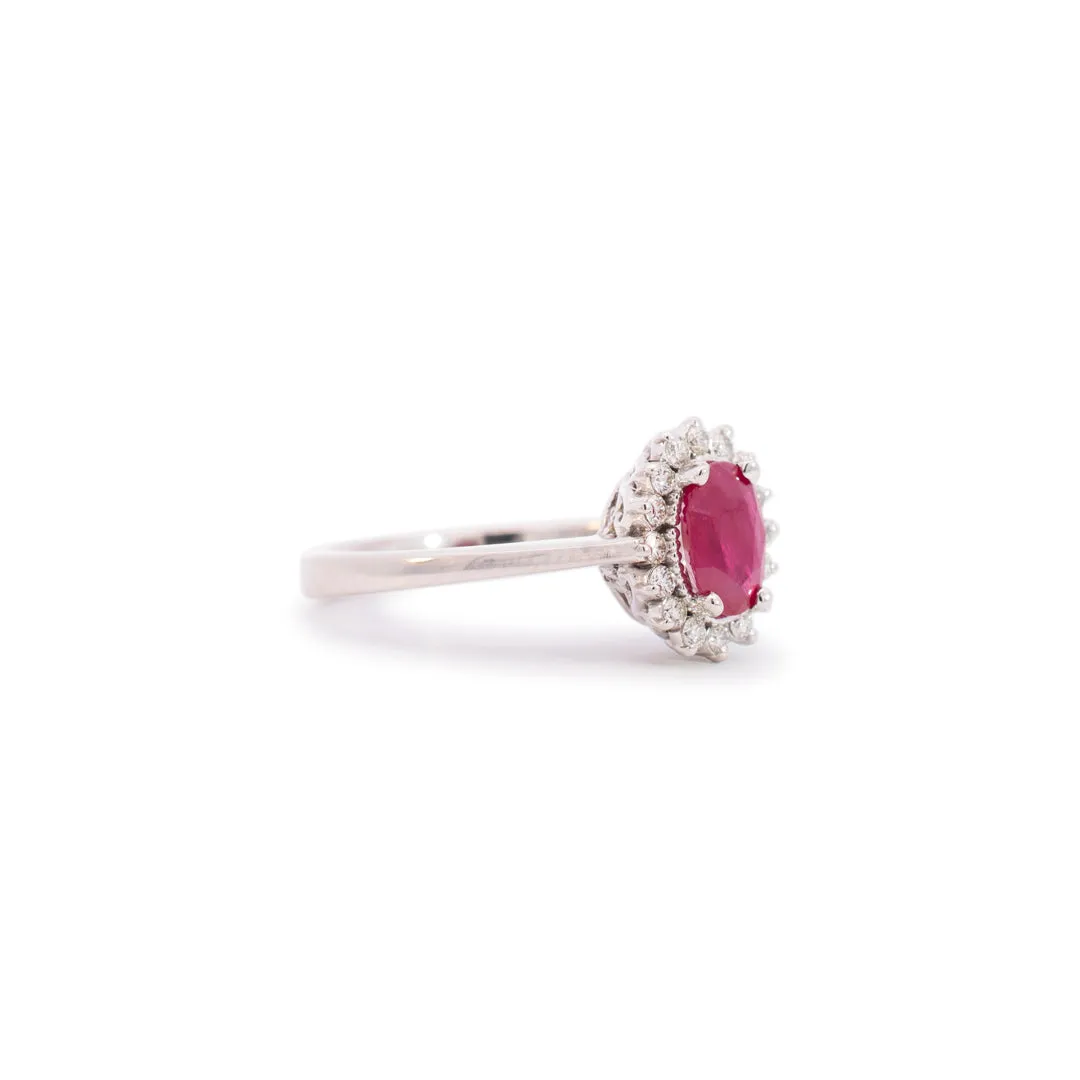 Ladies 14K White Gold Oval Ruby Halo Diamond Cocktail Ring