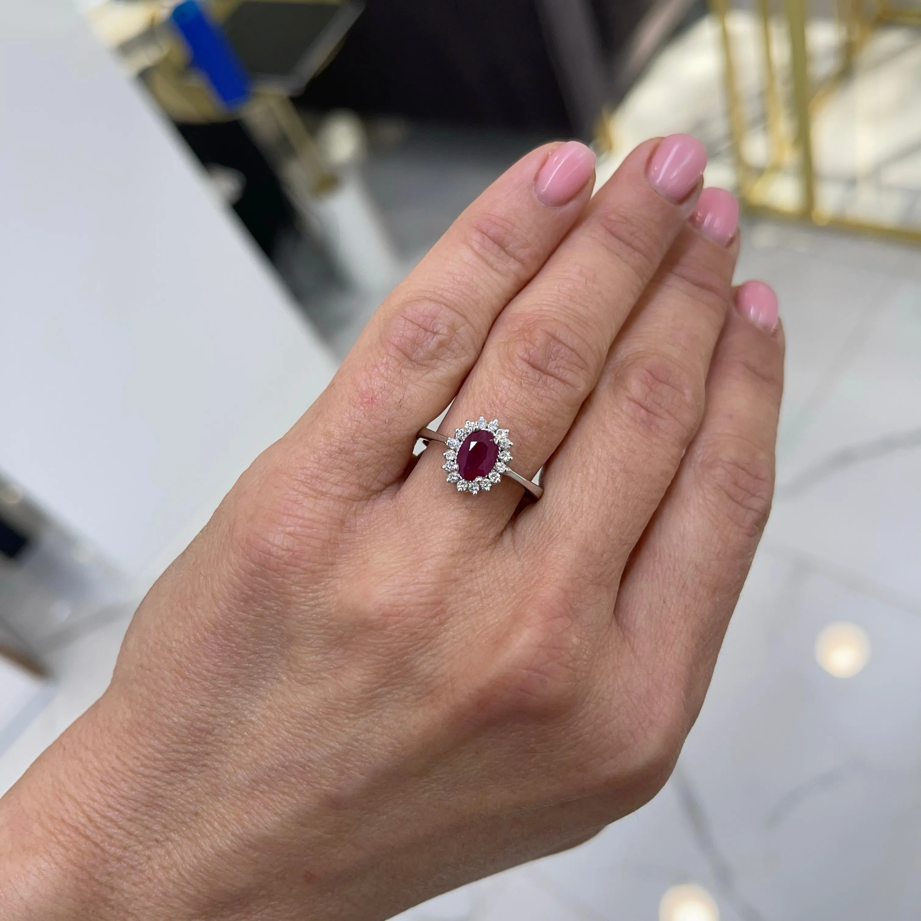 Ladies 14K White Gold Oval Ruby Halo Diamond Cocktail Ring