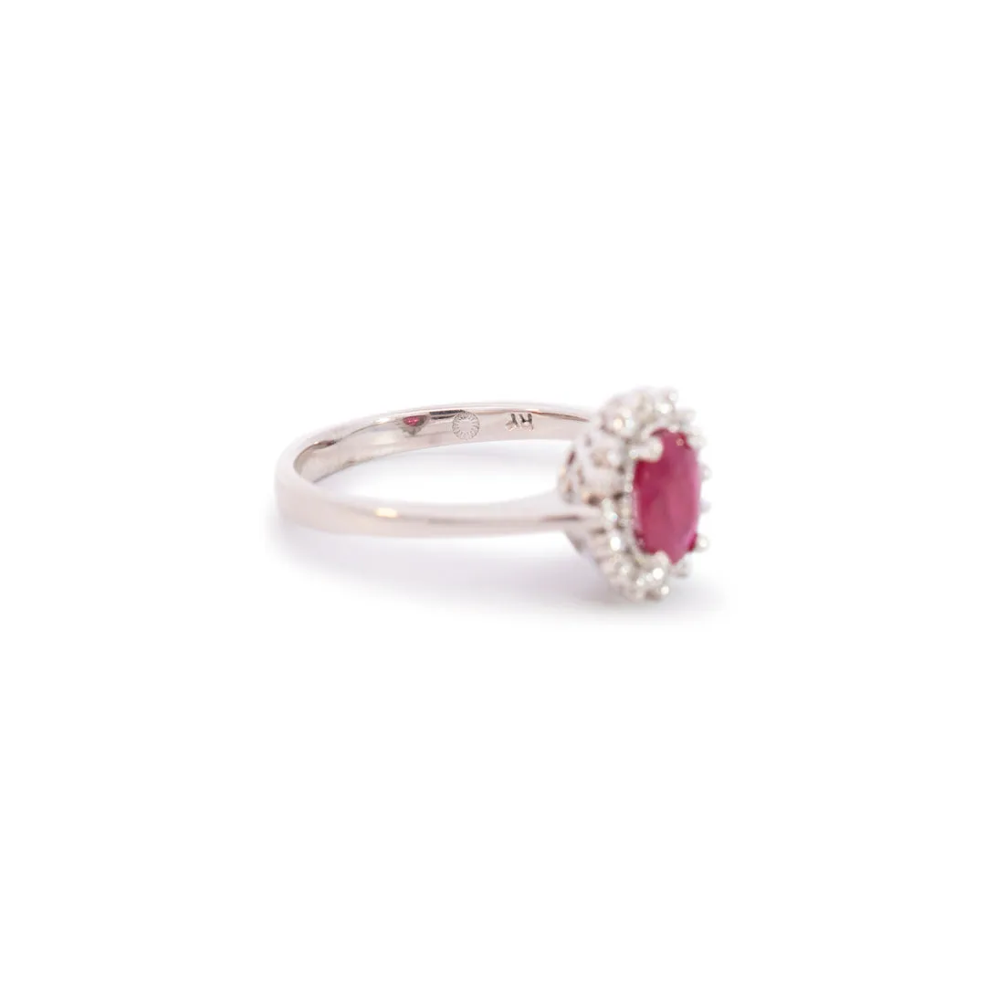 Ladies 14K White Gold Oval Ruby Halo Diamond Cocktail Ring