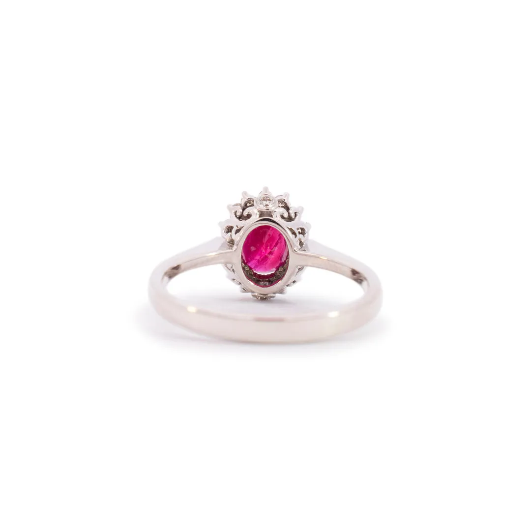 Ladies 14K White Gold Oval Ruby Halo Diamond Cocktail Ring