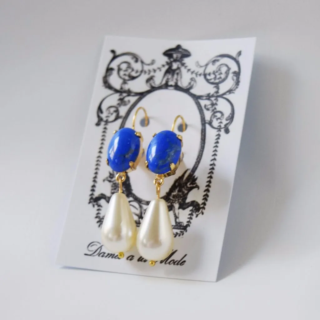 Lapis Lazuli and Pearl Dangle Earrings