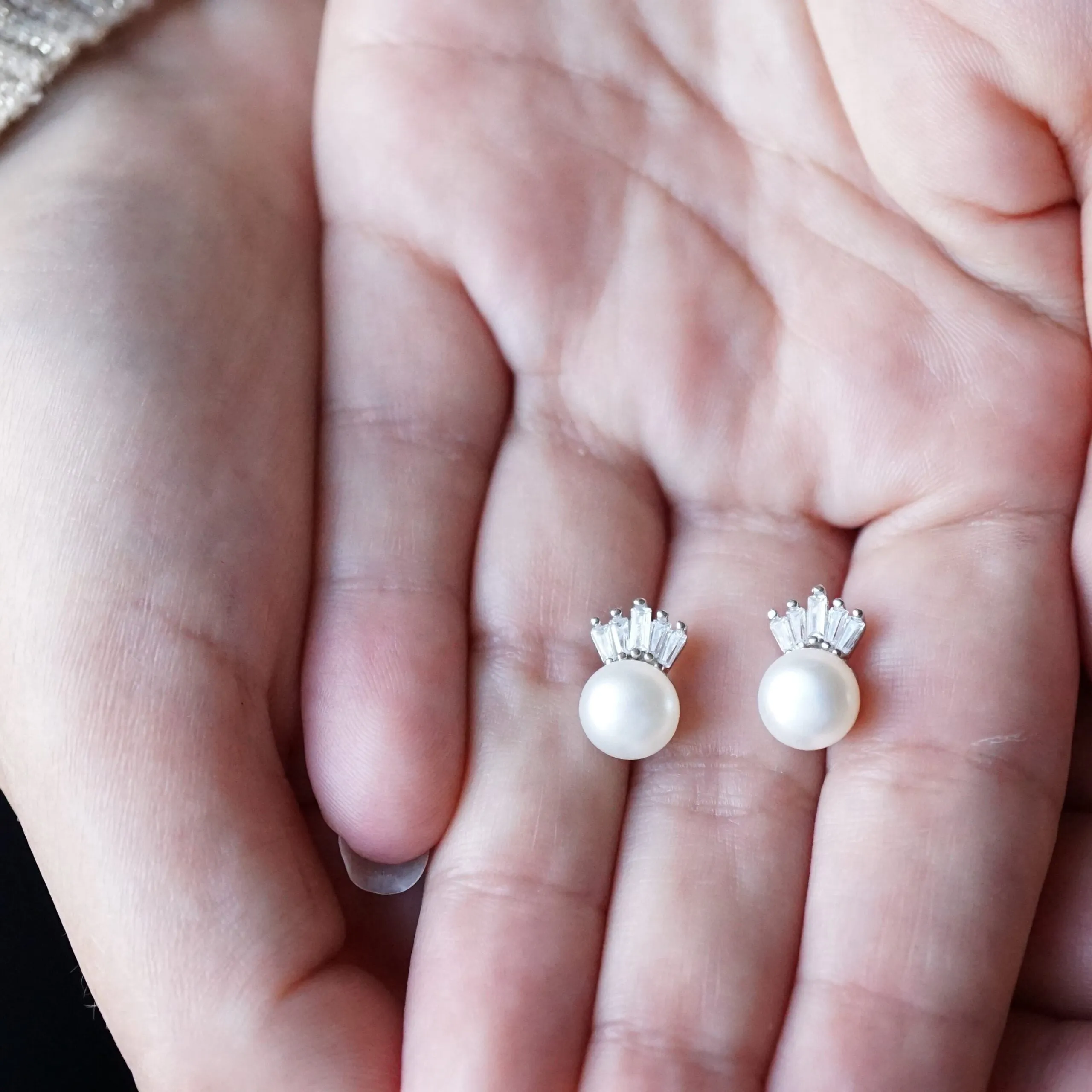 Lucy X - Pearl Crystal Silver Stud Earrings