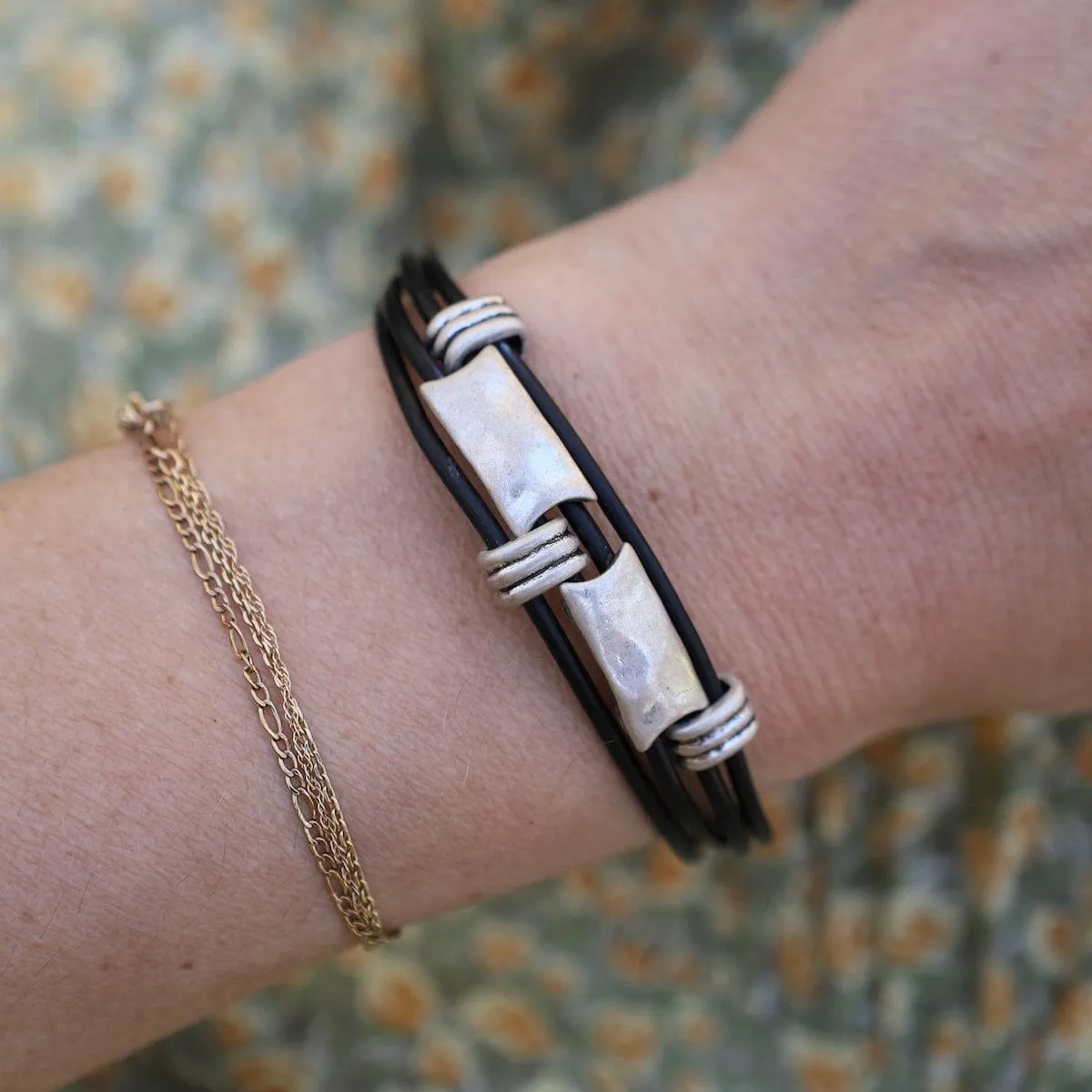 Matte Silver Black Rectangle Bracelet