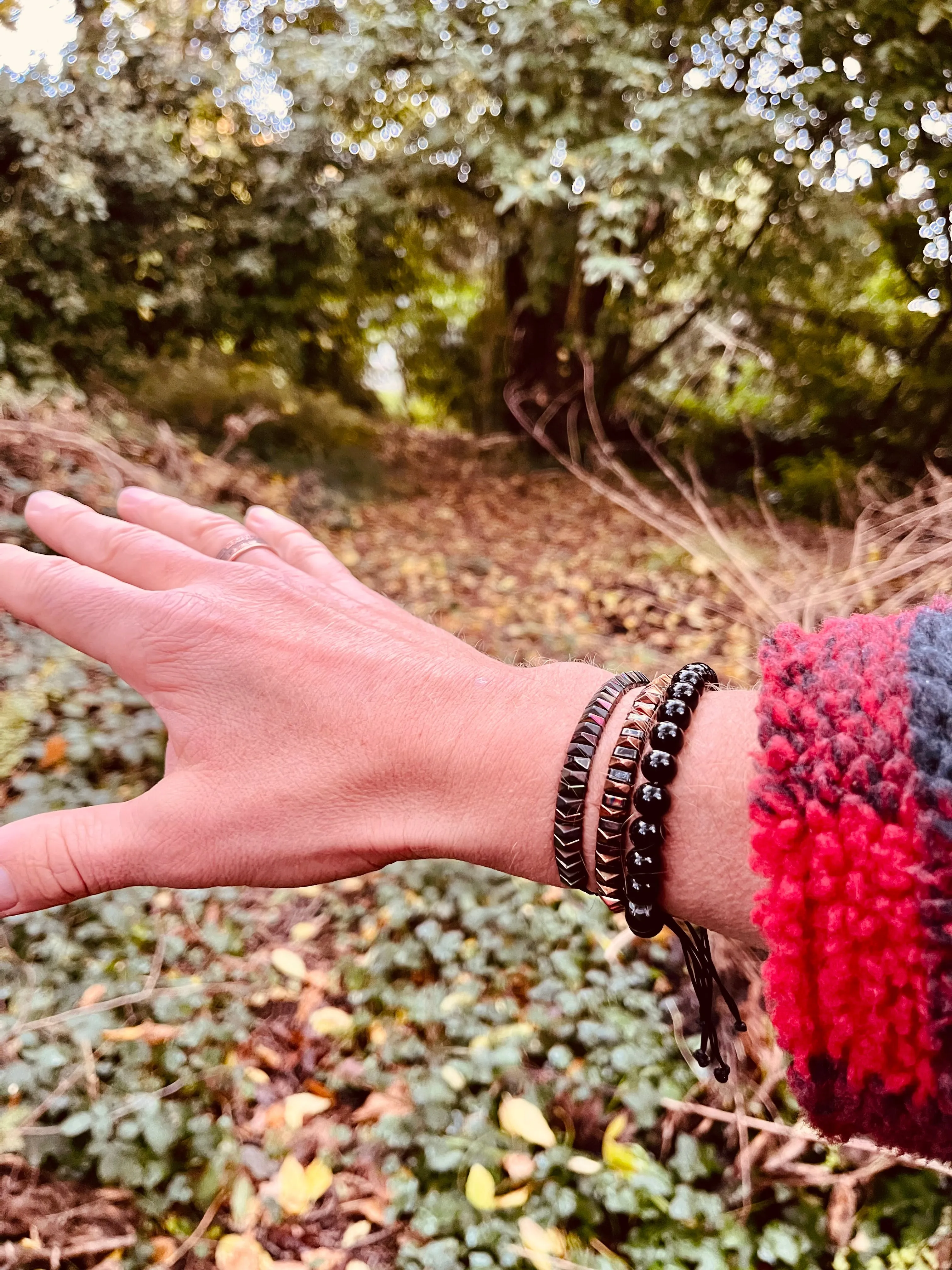 Men’s Natural Stone Beaded Bracelet, Set of 3 Bracelets with Gemstone Hematite Round Beaded Bracelet and Triangle Beaded Bracelet