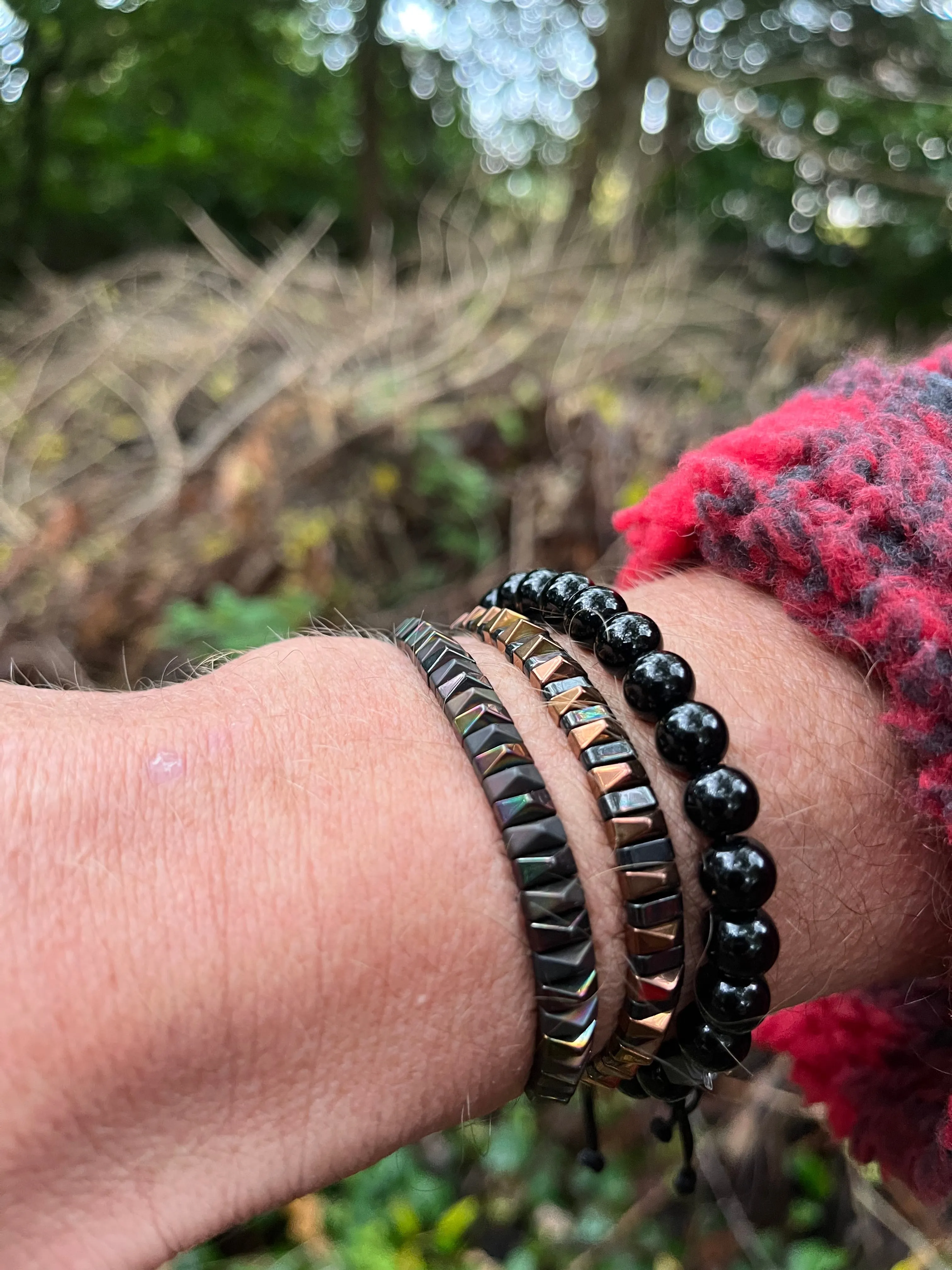 Men’s Natural Stone Beaded Bracelet, Set of 3 Bracelets with Gemstone Hematite Round Beaded Bracelet and Triangle Beaded Bracelet