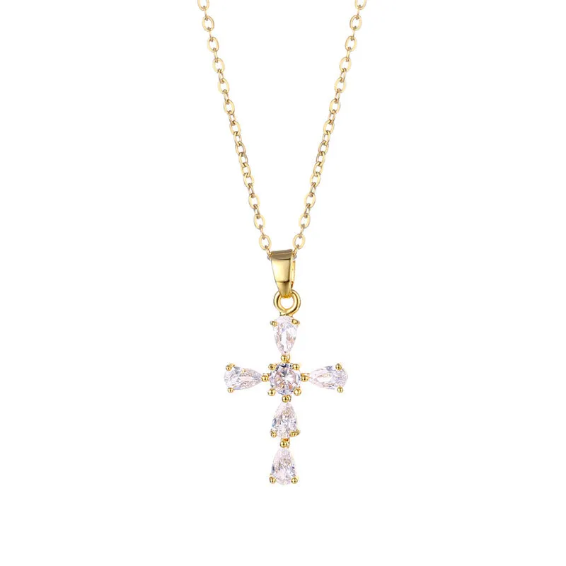 Minimalist Cross Geometric Stainless Steel Diamond Inlay Necklaces