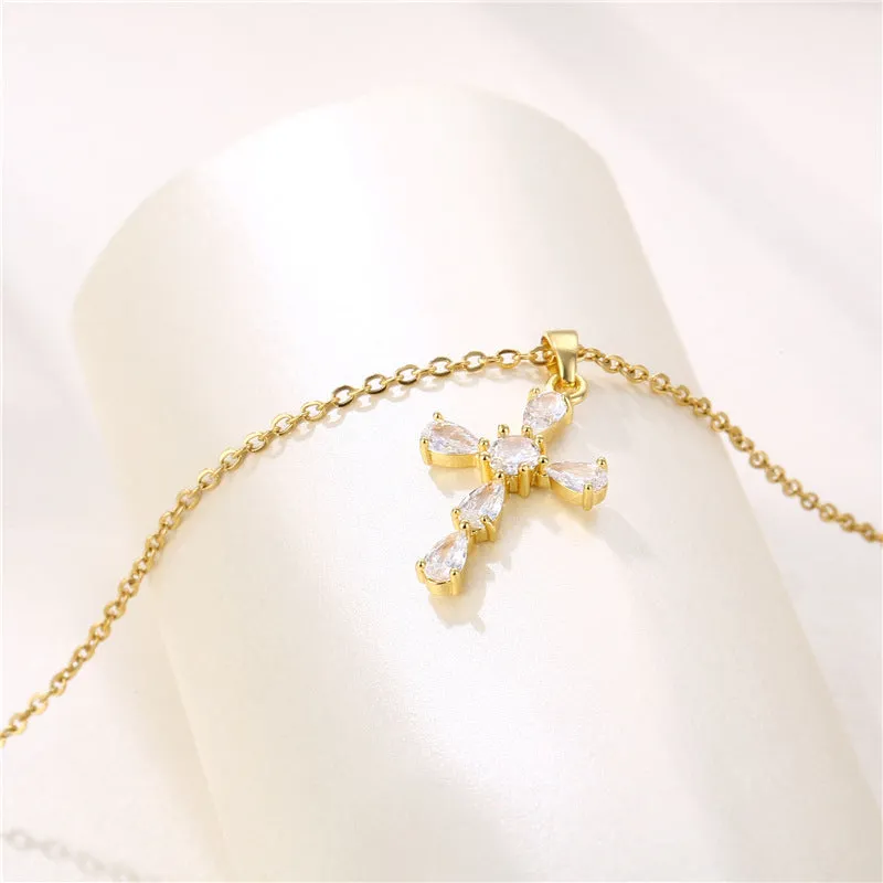 Minimalist Cross Geometric Stainless Steel Diamond Inlay Necklaces