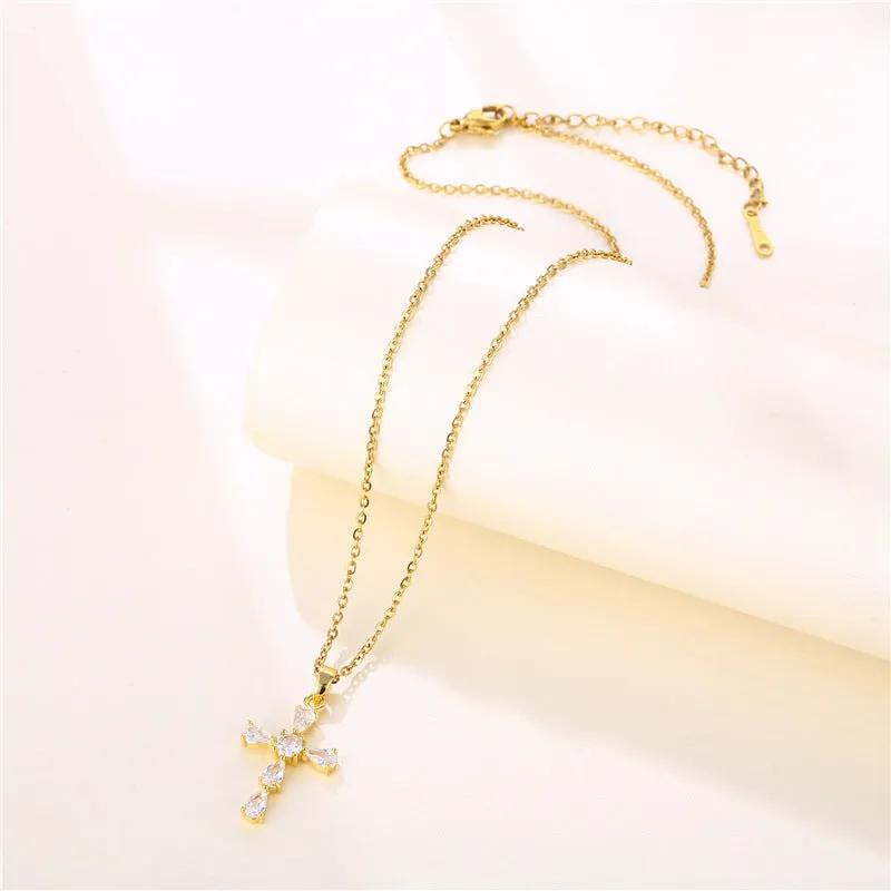 Minimalist Cross Geometric Stainless Steel Diamond Inlay Necklaces