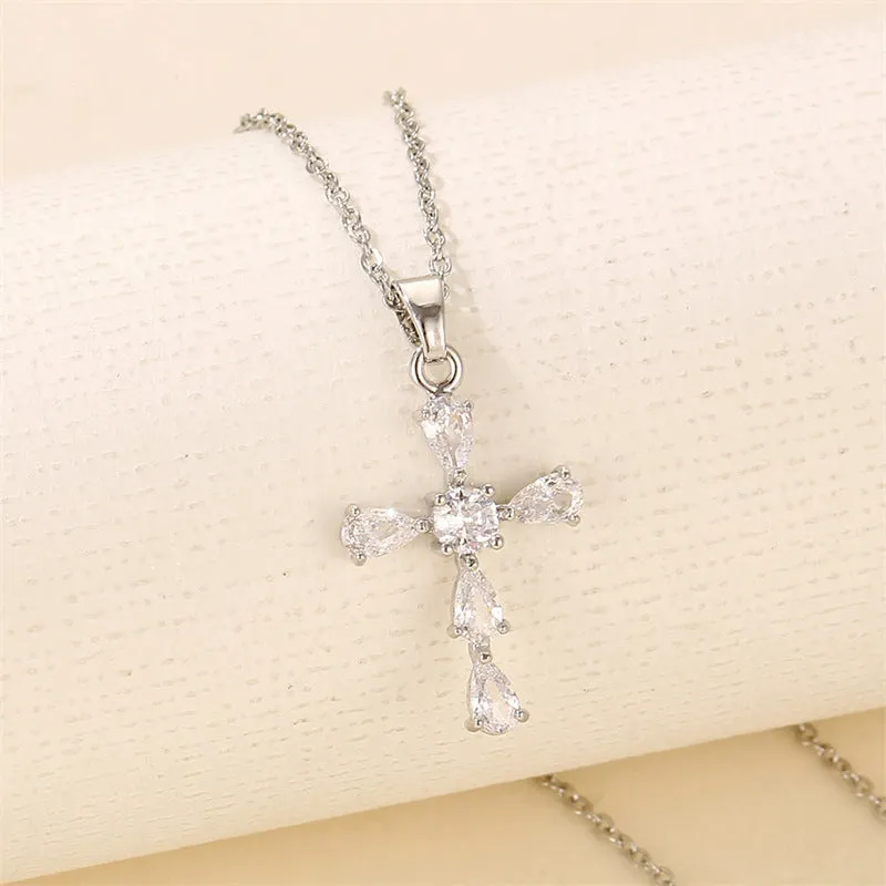 Minimalist Cross Geometric Stainless Steel Diamond Inlay Necklaces