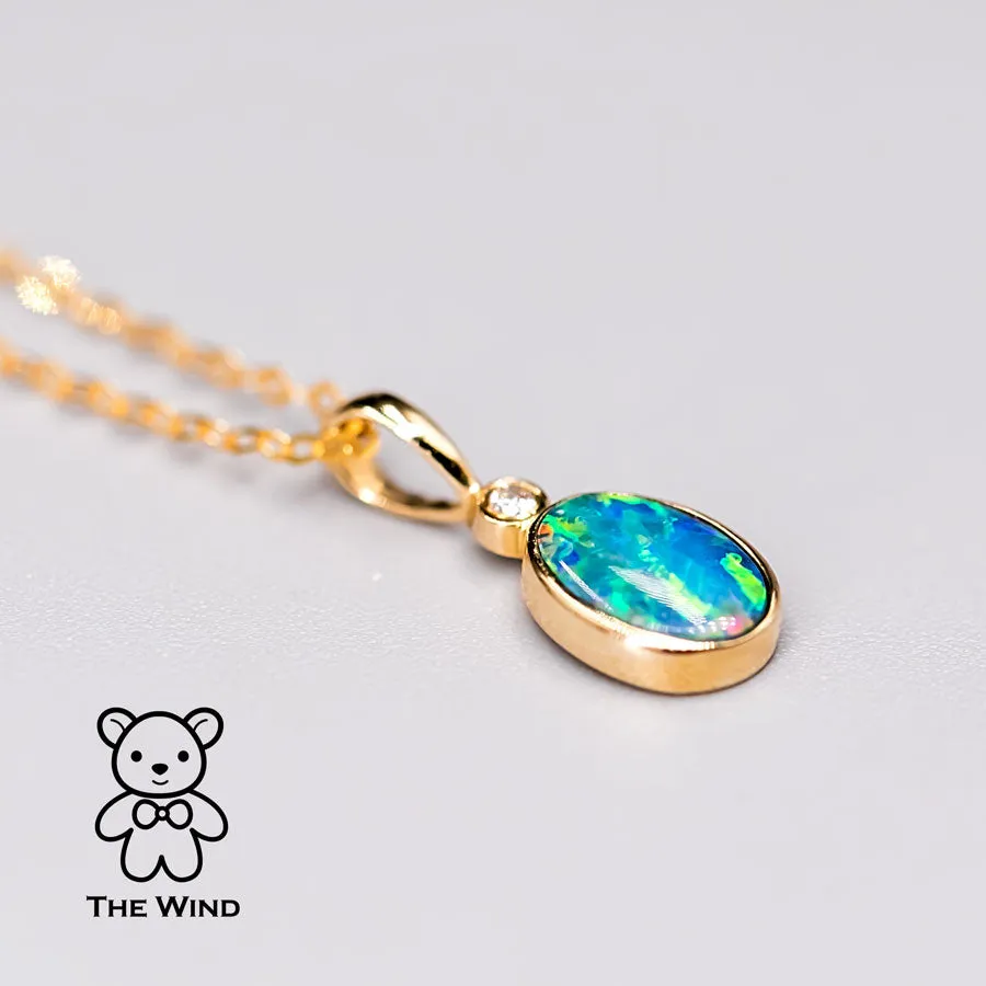 Minimalist Doublet Opal Diamond Pendant Necklace 14k Yellow Gold