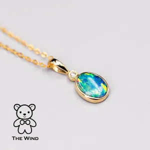 Minimalist Doublet Opal Diamond Pendant Necklace 14k Yellow Gold