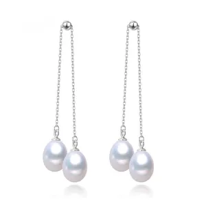 Movable Chain Double Freshwater Pearl Dangling Earrings 925 Sterling Silver Sitting