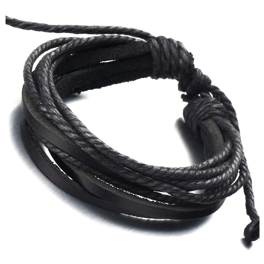 Multi-strand Mens Black Braided Leather Rope Bracelet | Genuine Leather Wristband Wrap Bracelet