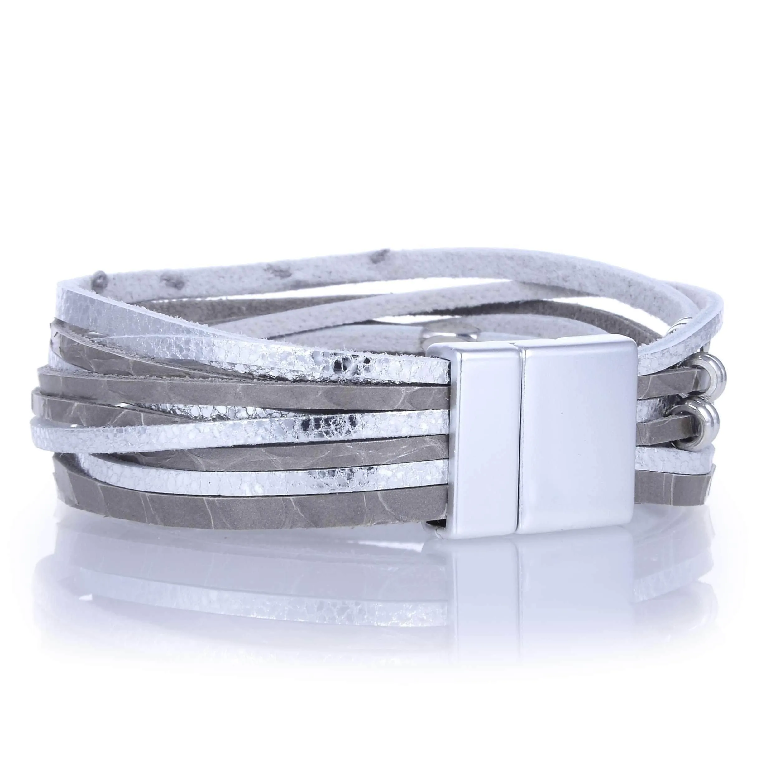 Multiple Leather Strand Bracelet Silver With Magnetic Clasp