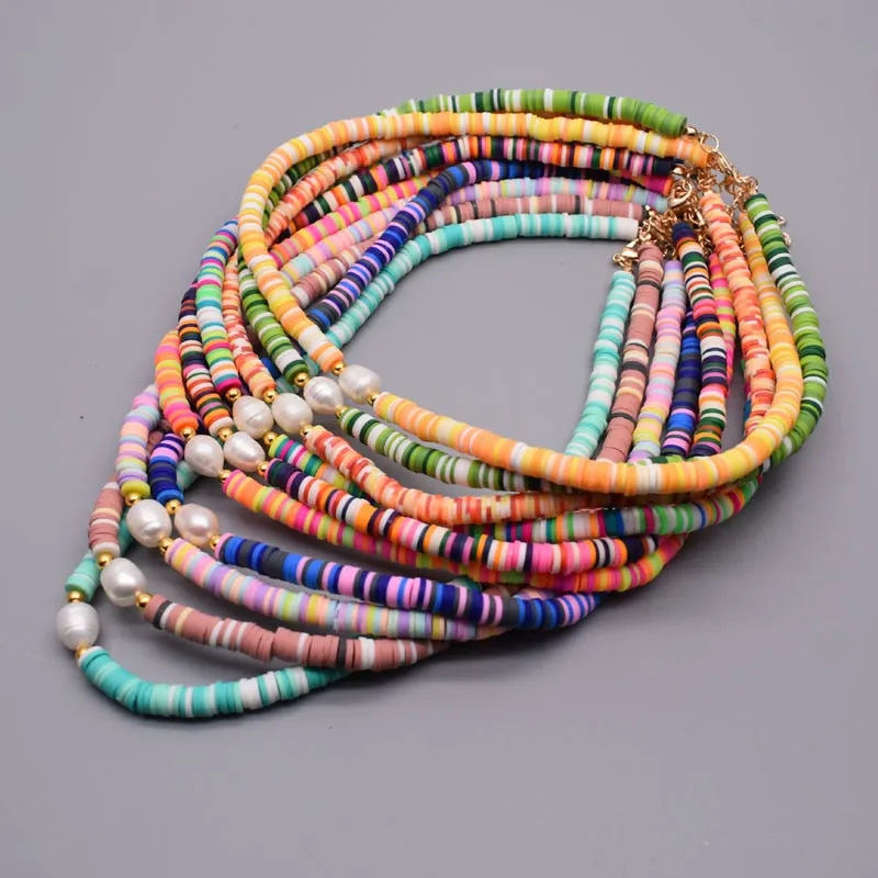 New Colour Boho Natural Fresh Water Pearl Necklace Color Soft Polymer Clay Beads Choker Necklace Beach Femme Jewelry Gift