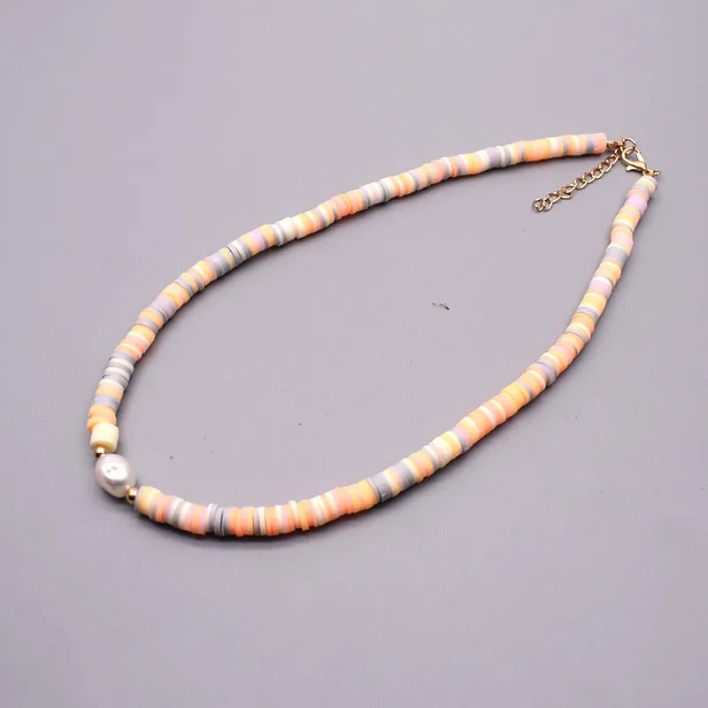 New Colour Boho Natural Fresh Water Pearl Necklace Color Soft Polymer Clay Beads Choker Necklace Beach Femme Jewelry Gift