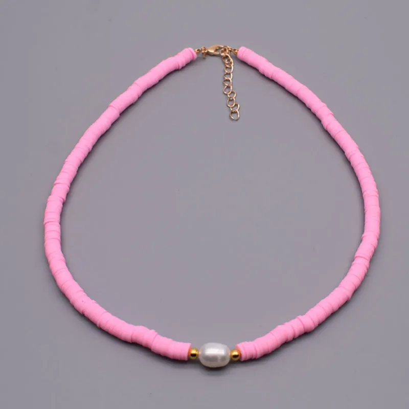 New Colour Boho Natural Fresh Water Pearl Necklace Color Soft Polymer Clay Beads Choker Necklace Beach Femme Jewelry Gift