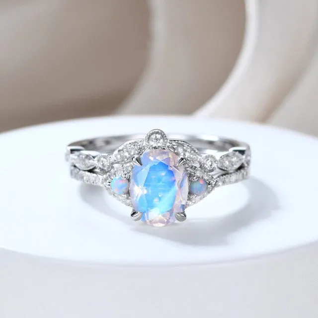 Oval Natural Rainbow Moonstone Bridal Set Moissanite Engagement Ring