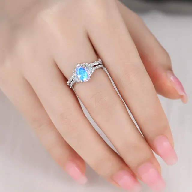 Oval Natural Rainbow Moonstone Bridal Set Moissanite Engagement Ring