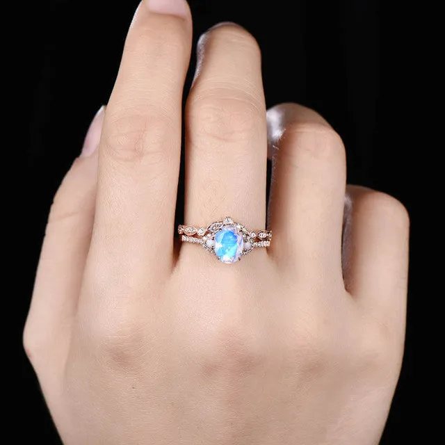 Oval Natural Rainbow Moonstone Bridal Set Moissanite Engagement Ring